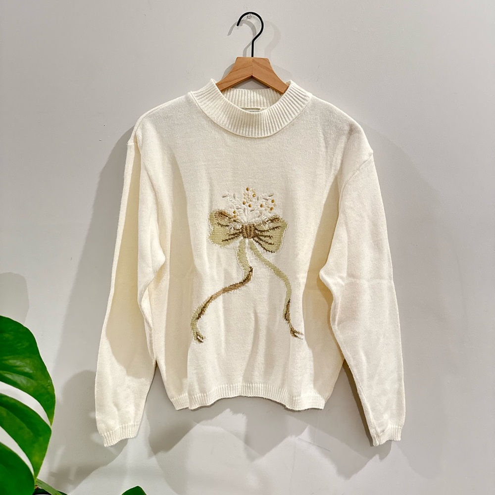 COMPANY COLLECTION GRANNY CORE VINTAGE CREAM EMBROIDERED BOW SWEATER SIZE L